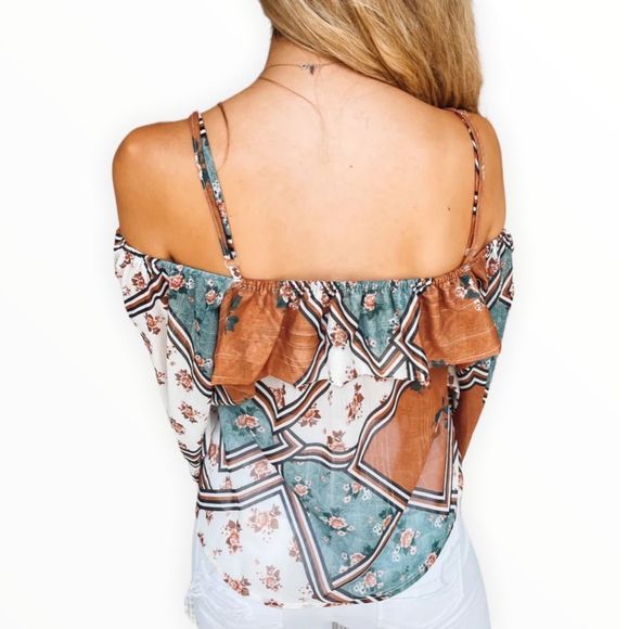 Lovestitch Patchwork Mixed Print Open Shoulder Long Sleeve Top size Medium - Picture 2 of 14